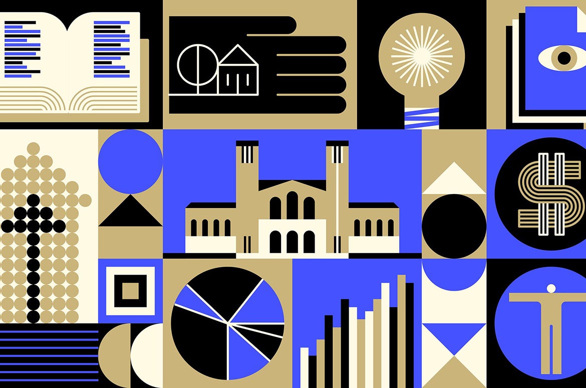 Graphic of illustrations including light bulb, UCLA's Royce Hall, pie chart, bar graph in blue, gold, black and cream